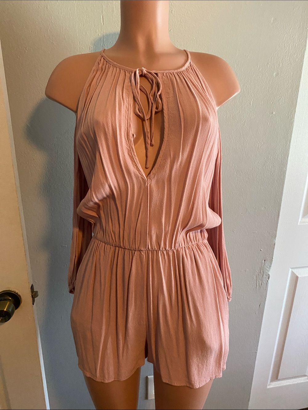 Tie-Neck Blush Pink Cold-Shoulder Romper